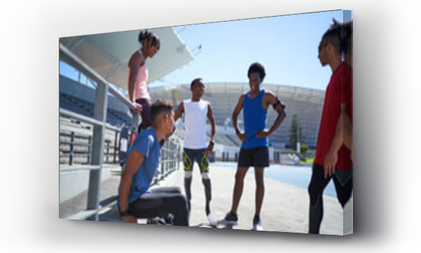 Wizualizacja Obrazu : #433291764 Rozmowa biegaczy i amputowanych przyjaciół na słonecznej bieżni sportowej