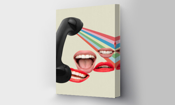 Wizualizacja Obrazu : #434511783 Modern design, contemporary art collage. Inspiration, idea, trendy urban magazine style. Female lips talking retro phone on light background.