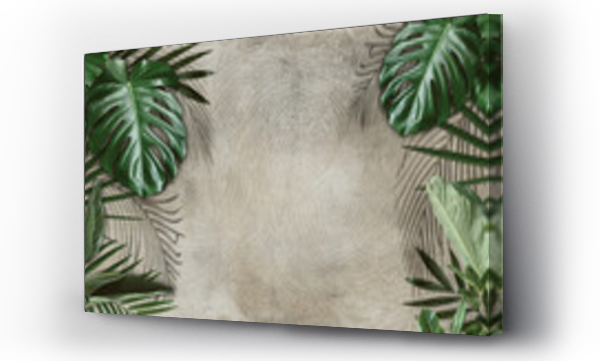Wizualizacja Obrazu : #434523589 Tropical leaves on cement background. Material for advertising and creativity. Monstera Leaves. 3d illustration. Banner With Copy Space