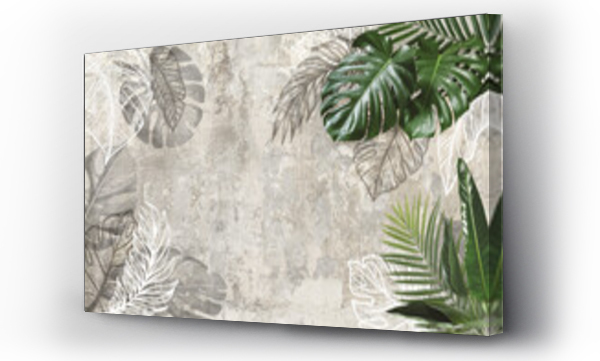 Wizualizacja Obrazu : #434523635 Tropical leaves on beige old concrete wall background. Material for advertising and creativity. Monstera Leaves. 3d illustration. Banner With Copy Space