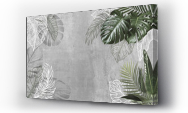 Wizualizacja Obrazu : #434523671 Tropical leaves on grey cement background. Material for advertising and creativity. Monstera Leaves. 3d illustration. Banner With Copy Space