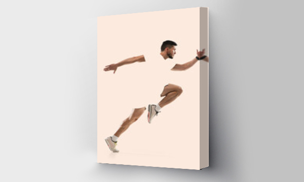 Wizualizacja Obrazu : #434935419 Modern design, contemporary art collage. Inspiration, idea, trendy magazine style. Sport. Professional male runner, jogger on yellow background.