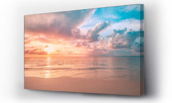 Wizualizacja Obrazu : #439128927 Closeup sea sand beach. Panoramic beach landscape. Inspire tropical beach seascape horizon. Orange and golden sunset sky calmness tranquil relaxing sunlight summer mood. Vacation travel holiday banner