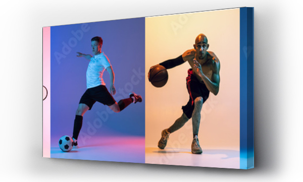 Wizualizacja Obrazu : #439537216 Collage of different professional sportsmen, fit people isolated on color background. Flyer.