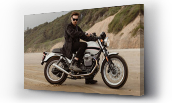 Wizualizacja Obrazu : #439699259 Trendy man riding Motorcycle on Beach