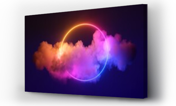 Wizualizacja Obrazu : #439699926 3d render, abstrakcyjna chmura podświetlona neonowym pierścieniem świetlnym na ciemnym nocnym niebie. Świecący kształt geometryczny, okrągła ramka