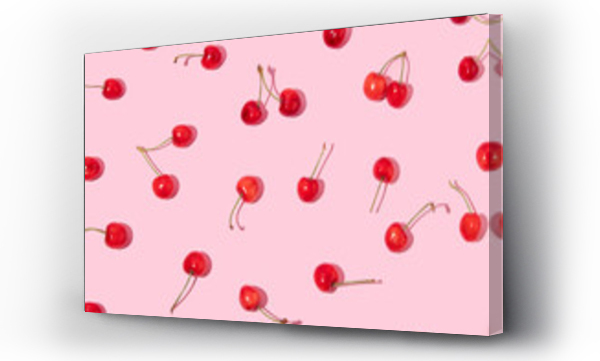 Wizualizacja Obrazu : #442121402 Creative pattern made with bright red cherries  on pastel pink background.  Summer fruit idea. Trendy summer fruit concept. 80s, 90s retro aesthetic Minimal flat lay.