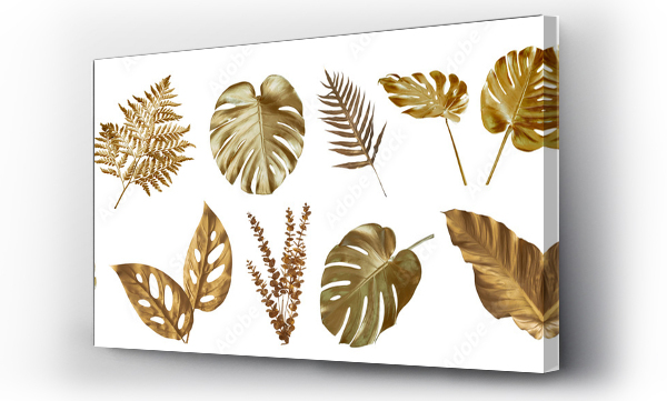 Wizualizacja Obrazu : #442319565 Tropical leaves in gold color on white space background.Abstract monstera leaf decoration design.clipping path