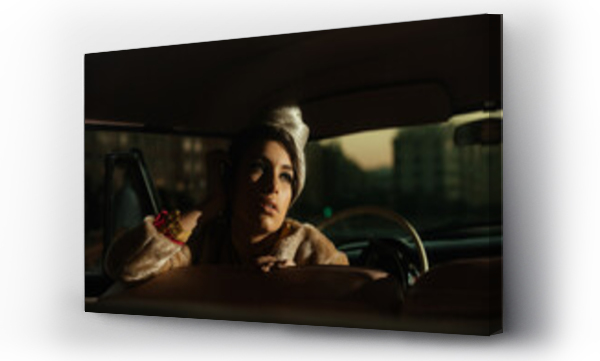 Wizualizacja Obrazu : #442948072 Crop stylish woman in retro wear in car