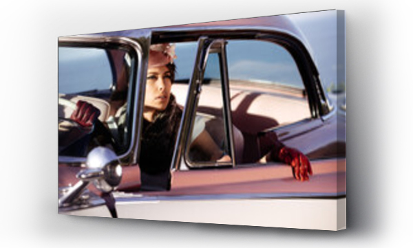 Wizualizacja Obrazu : #442948105 Crop stylish woman in retro wear in car