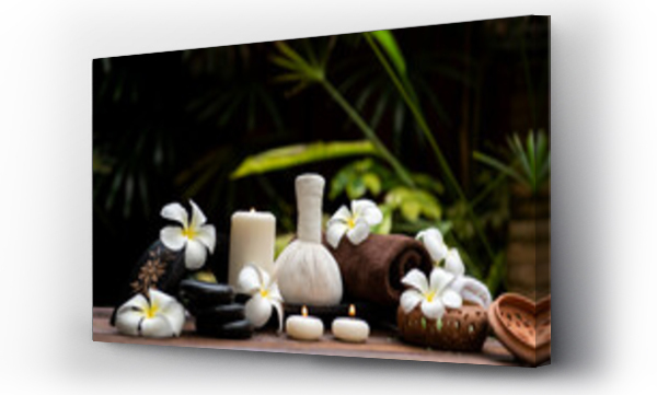 Wizualizacja Obrazu : #444012716 Thai spa massage. Spa treatment cosmetic beauty. Therapy aromatherapy for care body women with candles for relax wellness. Aroma and salt scrub setting ready healthy lifestyle.