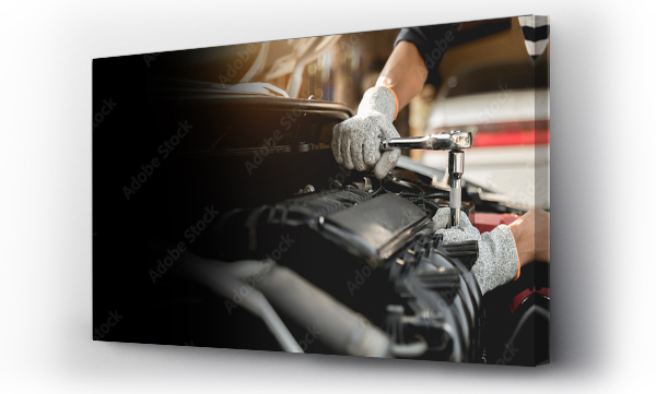 Wizualizacja Obrazu : #444433139 Automobile mechanic repairman hands repairing a car engine automotive workshop with a wrench, car service and maintenance,Repair service.