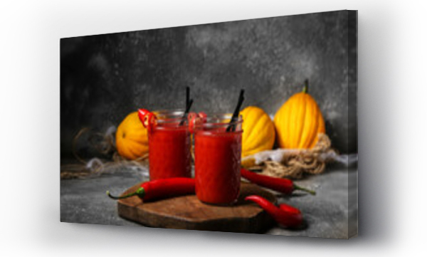 Wizualizacja Obrazu : #455600900 Glasses of tasty bloody Mary cocktail decorated for Halloween on dark background