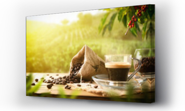 Wizualizacja Obrazu : #455790347 Coffee cup on wooden table and beans in coffee plantation
