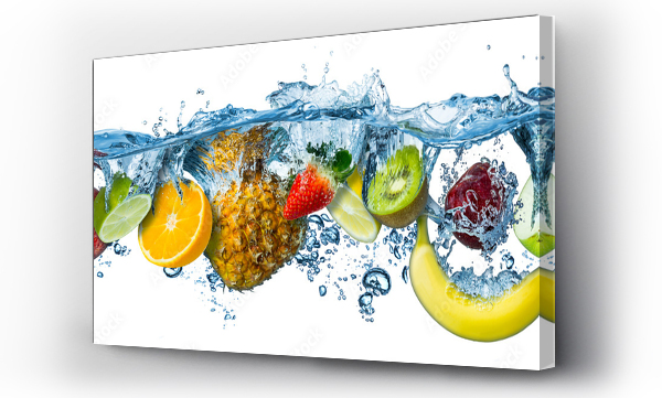 Wizualizacja Obrazu : #456102485 various fresh colorful tasty fruits splashing into cold water isolated on white background. food diet healthy eating freshness concept