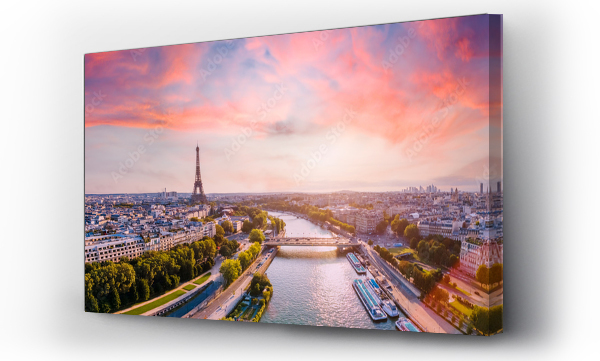 Wizualizacja Obrazu : #458613615 Paris aerial panorama with river Seine and Eiffel tower, France. Romantic summer holidays vacation destination. Panoramic view above historical Parisian buildings and landmarks with sunset sky