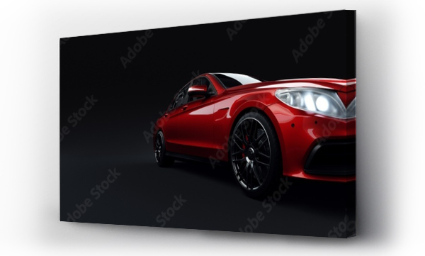 Wizualizacja Obrazu : #460444211 Unmarked metallic red sports car banner parked inside. Studio shot front view with dark background. 