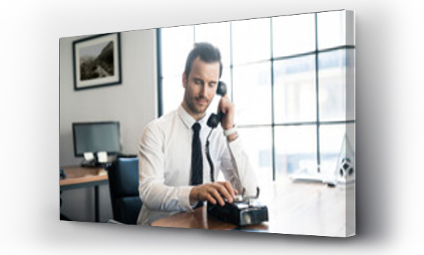 Wizualizacja Obrazu : #462786141 Businessman in office using vintage retro telephone