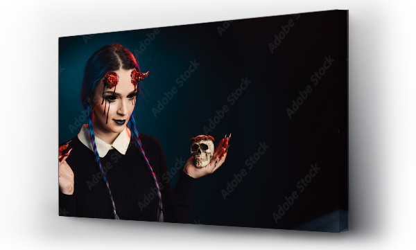 Wizualizacja Obrazu : #463336934 woman with scary halloween makeup with bloody horns dark background