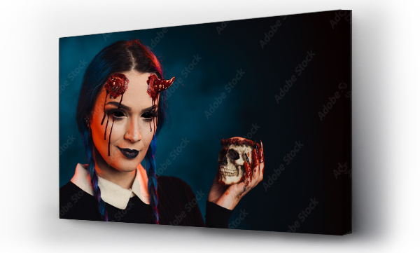 Wizualizacja Obrazu : #463337034 woman with scary halloween makeup with bloody horns dark background