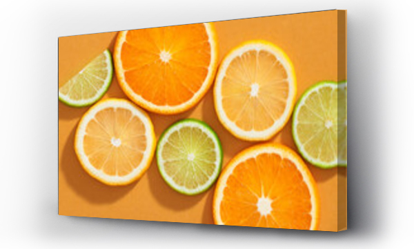 Wizualizacja Obrazu : #463743475 Different citrus fruits with leaves as background
