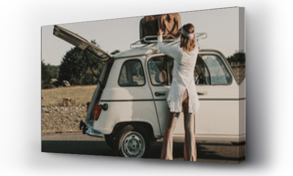 Wizualizacja Obrazu : #464063118 Hippie taking suitcase from retro car