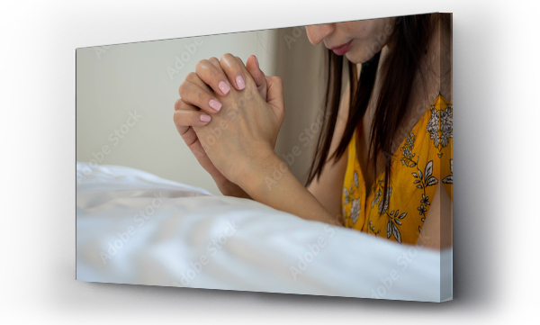 Wizualizacja Obrazu : #464079978 Asian woman with hand praying, Hands folded in prayer on the bed. Concept for faith, spirituality and religion.