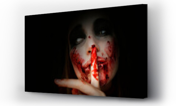 Wizualizacja Obrazu : #465577520 Scary girl in the image of a zombie.
Halloween theme portrait of crazy girl with bloody face. Zombie theme, black background, isolated, killer. Banner, copy of the space. 