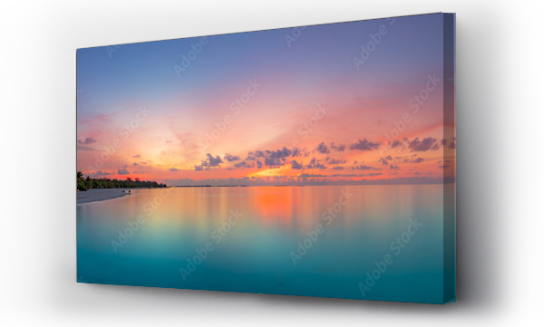 Wizualizacja Obrazu : #466875610 Beautiful panoramic sunset tropical paradise beach. Tranquil summer vacation or holiday landscape. Tropical sunset beach seaside palm calm sea panorama exotic nature view inspirational seascape scenic