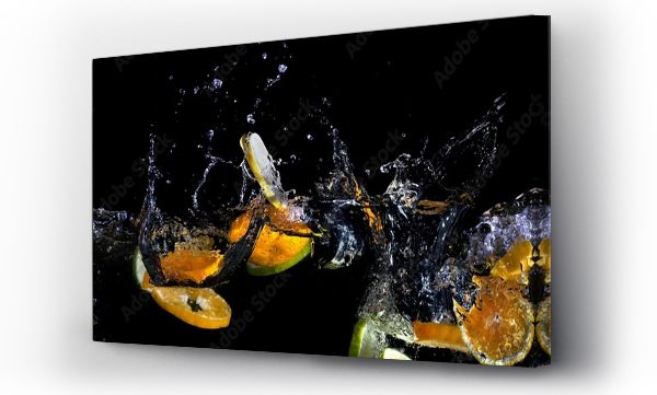 Wizualizacja Obrazu : #467001798 Bright juicy fruits on a dark background with a spectacular splash in ultra wide high definition.