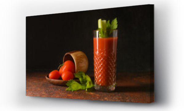 Wizualizacja Obrazu : #468275054 Glass of bloody mary with celery and tomatoes on table