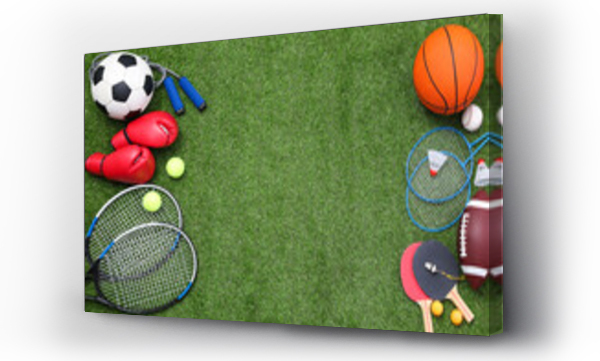 Wizualizacja Obrazu : #468289339 Different sport equipment on green grass, flat lay. Space for text
