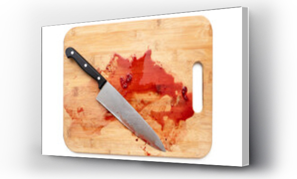 Wizualizacja Obrazu : #468783149 Cutting board with bloody surface and knife isolated on white. Top view