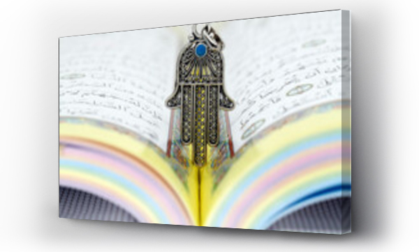 Wizualizacja Obrazu : #469521498 Open Holy Quran with Hamsa (Hand of Fatima) symbols of Muslim faith and religion, France