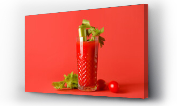 Wizualizacja Obrazu : #470993591 Glass of bloody mary with celery and tomatoes on color background