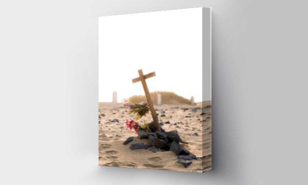 Wizualizacja Obrazu : #473663937 Tomb with wooden cross and flowers in beach