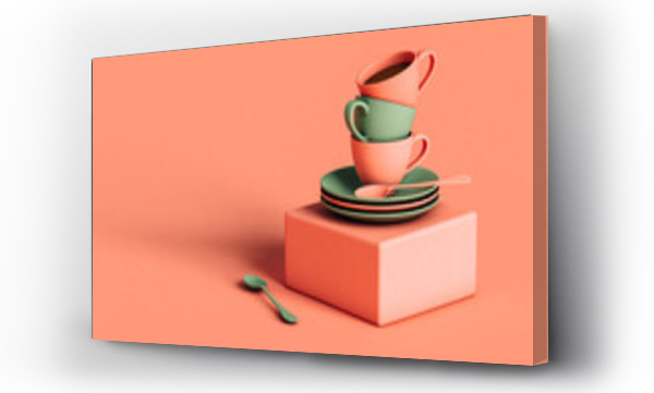 Wizualizacja Obrazu : #473779065 Three dimensional render of three coffee cups stacked on top of plates lying on square block
