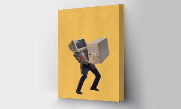 Wizualizacja Obrazu : #474927198 Contemporary art collage of man with retro computer head carrying heavy system unit isolated over yellow background