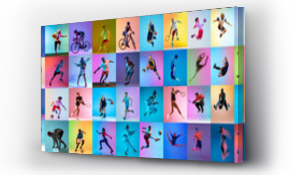 Wizualizacja Obrazu : #475081166 Set of images of different professional sportsmen, fit people in action, motion isolated on multicolor background in neon light.
