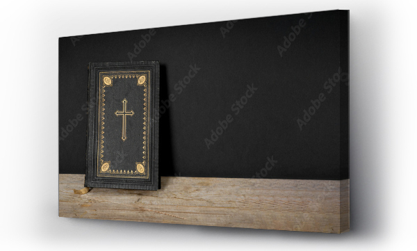 Wizualizacja Obrazu : #477496241 Church faith Christian background banner panorama - Old holy bible with golden cross on old rustic vintage wooden table and black wall