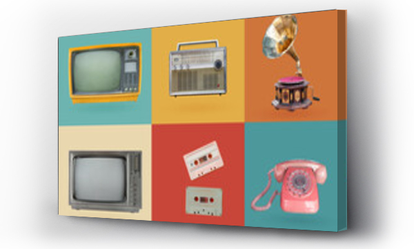 Wizualizacja Obrazu : #479521610 Retro electronics set. Nostalgic collectibles from the past 1980s - 1990s. objects isolated on retro color palette with clipping path.