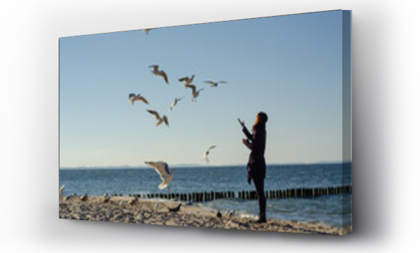 Wizualizacja Obrazu : #480528438 Dziewczyna i ptaki na morskiej pla?y