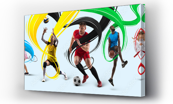 Wizualizacja Obrazu : #482858503 Sport collage. Professional sportsmen in action isolated on white background with blue, yellow, black, green and red stripes, lines.