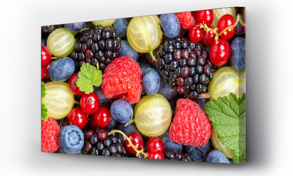 Wizualizacja Obrazu : #482894345 Berries fruits berry fruit strawberries strawberry blueberries blueberry from above panorama