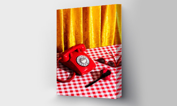 Wizualizacja Obrazu : #484048306 Red retro telephone and old fashion sunglasses placed on table