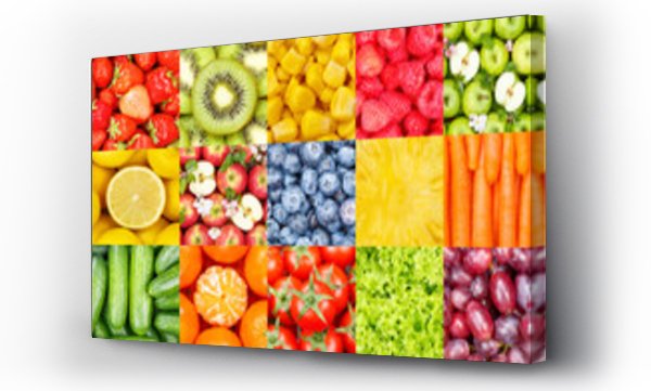 Wizualizacja Obrazu : #486154764 Collection of fruits and vegetables fruit collage background with berries and grapes