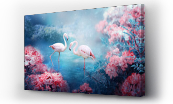 Wizualizacja Obrazu : #486285079 Two flamingos couple standing in lake, fantasy magical enchanted fairy tale landscape with pair of elegant birds, fairytale blooming pink rose flower garden on mysterious blue background in night.