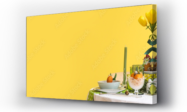 Wizualizacja Obrazu : #488758823 Beautiful dining table served for Easter celebration on yellow background with space for text