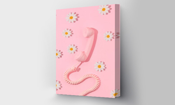 Wizualizacja Obrazu : #490672998 Spring creative layout with pink retro phone handset and white flowers on pastel pink. 80s or 90s retro fashion aesthetic telephone and flowers concept. Minimal romantic communication idea.