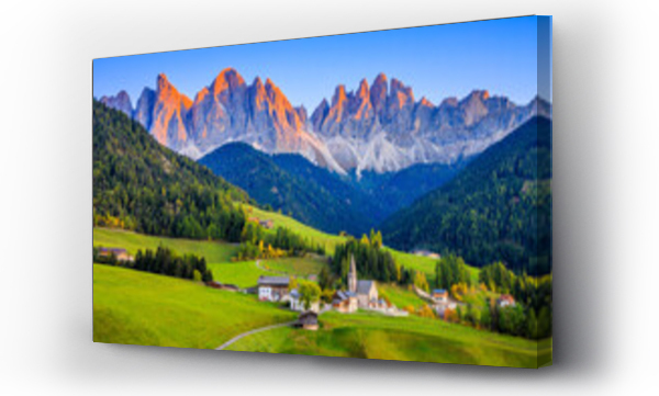 Wizualizacja Obrazu : #490680628 Val di Funes, Dolomites, Italy. Santa Maddalena village in front of the Odle(Geisler) mountain group at sunset.